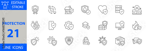 Minimalist Protection Icon Set. Vector Illustrations of Security, Safety, Shield, Privacy, Guard, Defense, Insurance, Cybersecurity, Health Protection, Data Safety, and Risk Prevention