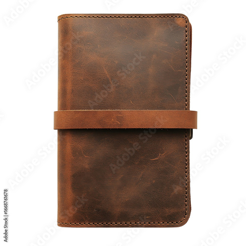 Handcrafted brown leather traveler's notebook with elegant stitching isolated on a white transparent background