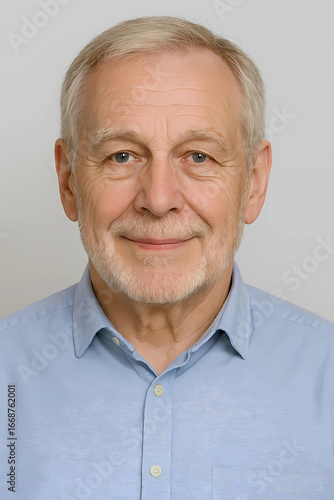 Porträt von einem älteren Herrn der Generation 70 Plus mit einem blauen Hemd