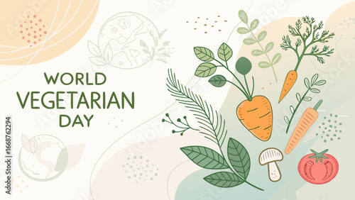Abstract background in natural gradients with plant-inspired icons, for World Vegetarian Day with copy space