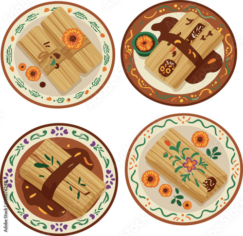 Four plates of decorated tamales with different sauces and garnishes on transparent background