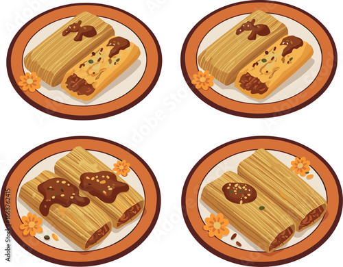 Four plates of tamales with sauce and flower garnishes on transparent background