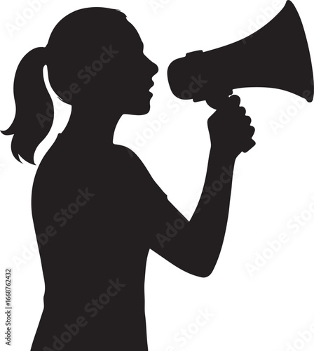 Silhouette of woman speaking through megaphone announcing loudly