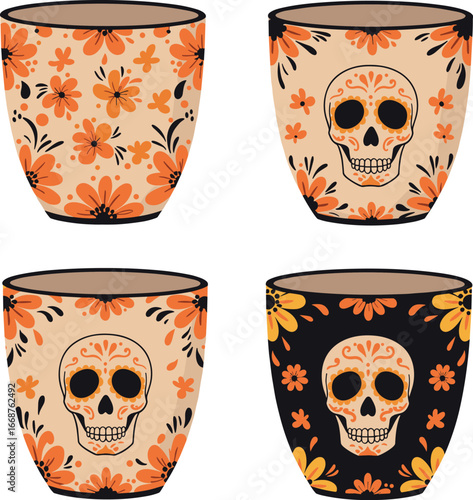 Four decorative cups with skull and floral designs on transparent background