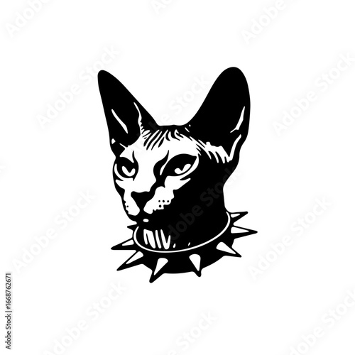 Edgy Sphynx cat with a spiked collar, a bold and stylish statement for modern design and urban themes.