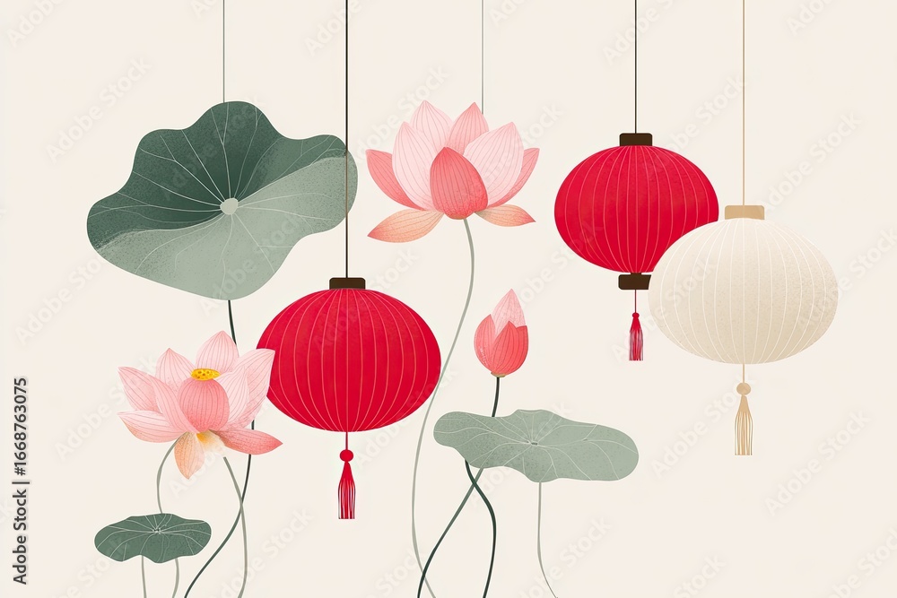 Obraz premium Pink lotus flowers and red paper lanterns hanging on a light beige background