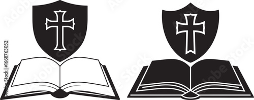 Christian shield and open book silhouette