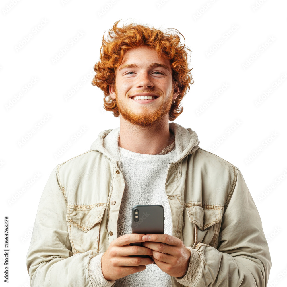 Fototapeta premium Handsome young man holding a phone isolated on a white transparent background