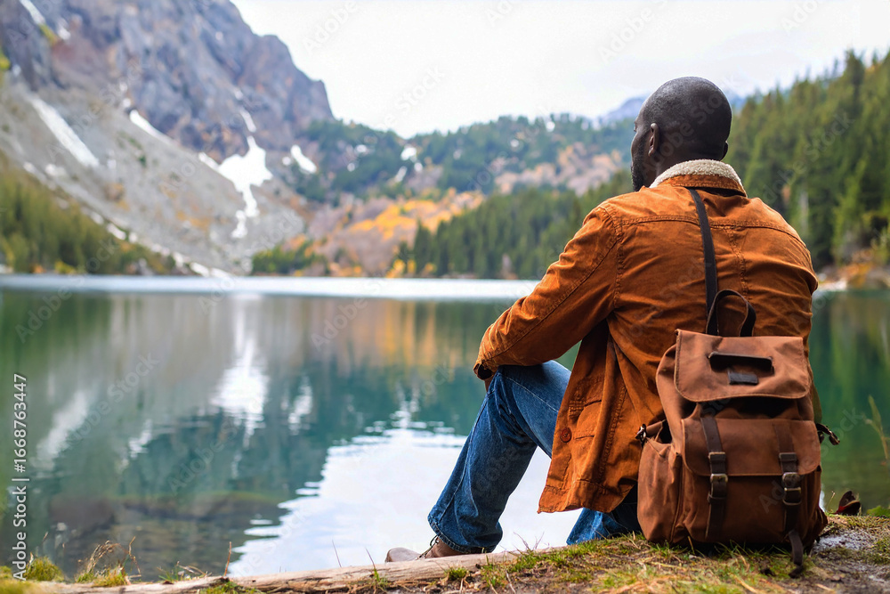 Naklejka premium Hiker standing in mountains in orange jacket Man hiking in rocky mountains.