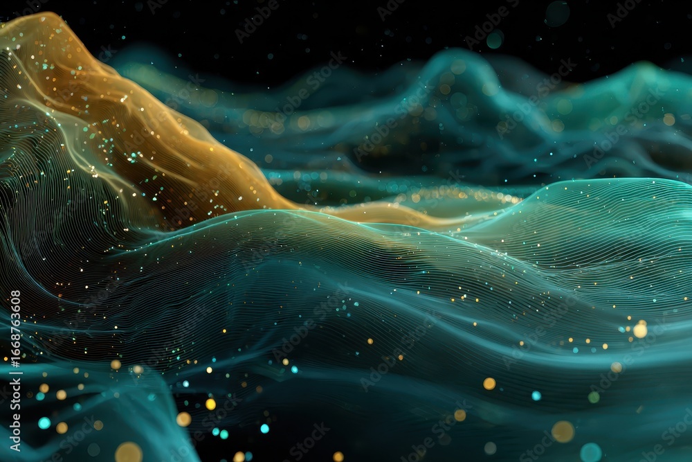 Abstract wavy teal and gold lines with bokeh on a dark background. Ideal for tech, science, or conceptual backgrounds with elegance. Abstract wavy teal and gold lines with bokeh on a dark background. Ideal for tech, science, or conceptual backgrounds with elegance.