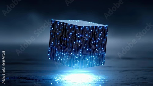 Futuristic ai value cube with glowing blue digital circuit pattern floating above surface, technology innovation and artificial intelligence abstract