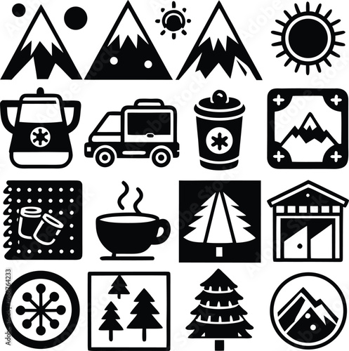 Collection of camping and outdoor adventure icons representing mountains trees sun coffee cup and more for travel and recreation designs