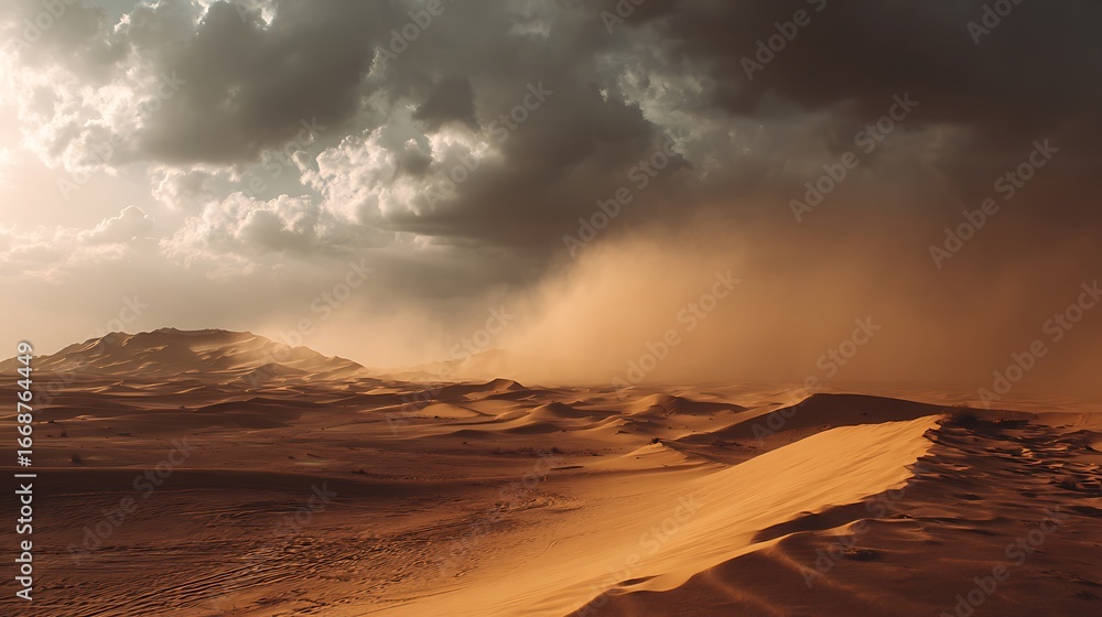 Naklejka premium Desert Storm: A dramatic landscape shows a sandstorm sweeping across a vast desert, dark clouds looming above, the powerful forces of nature on display.