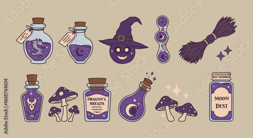 This Flat Design illustration showcases a whimsical assortment of witch's potion ingredients, featuring a bottle of 'dragon's breath,' a jar of 'moon dust,' and sparkling toadstools. 