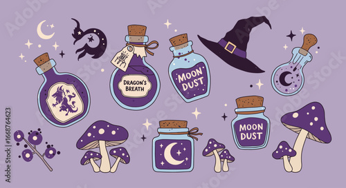 This Flat Design illustration showcases a whimsical assortment of witch's potion ingredients, featuring a bottle of 'dragon's breath,' a jar of 'moon dust,' and sparkling toadstools. 