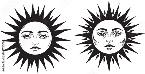 Two faces of the sun with radiant rays silhouette