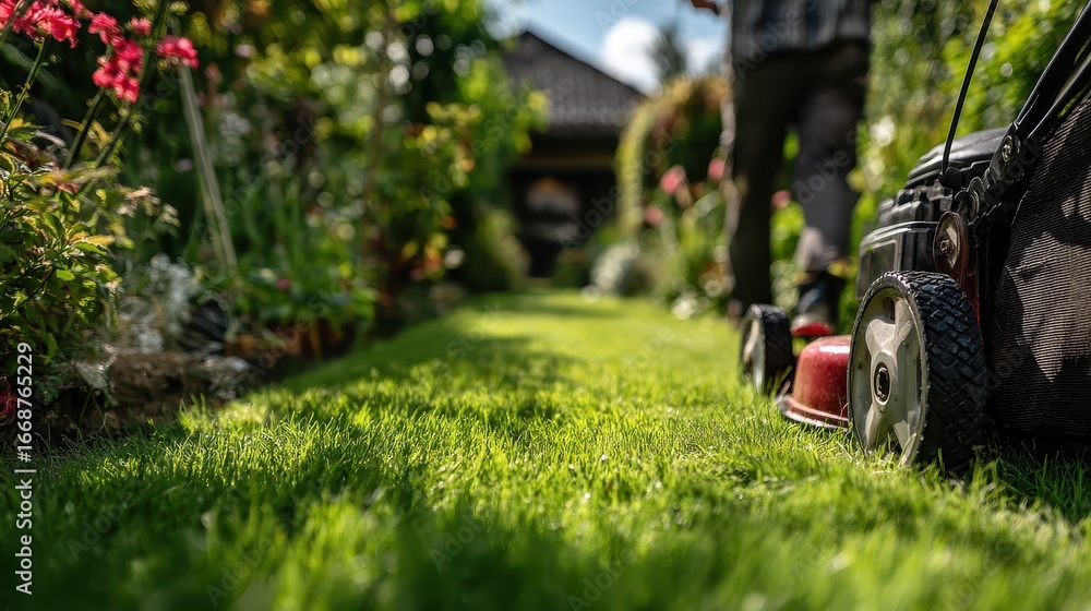 Fototapeta premium A lawnmower on lush green grass in a backyard garden on a sunny day. Depicts lawn care, landscaping, and general home maintenance concepts.