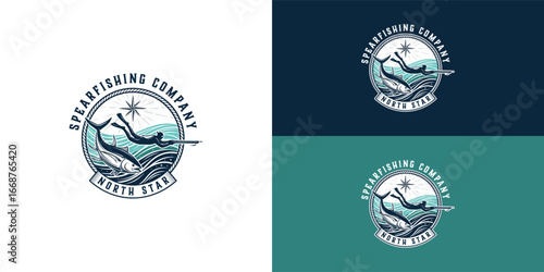 The design for an emblem logo for a spearfishing company features a skilled diver underwater alongside a vibrant tuna, with a prominent North Star shining above, symbolizing guidance and adventure.