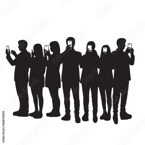 Black silhouettes of people holding and looking at smartphones group mobile phone