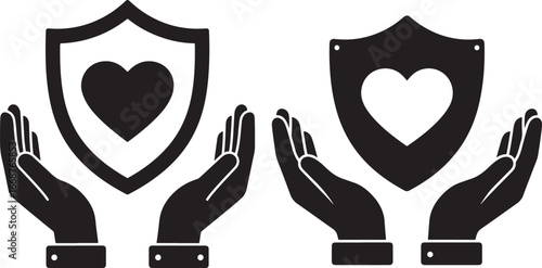 Hands protecting shields with hearts silhouette
