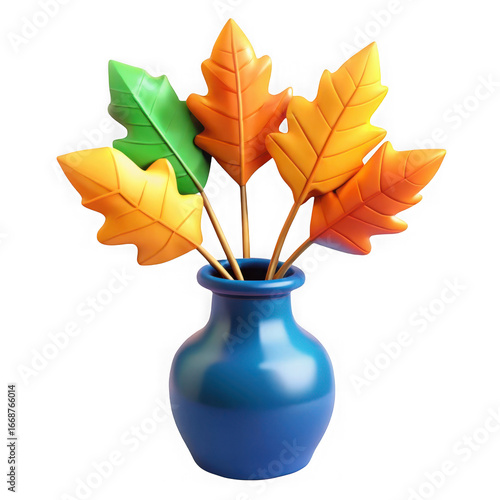 Colorful fall leaf decorations in a blue vase