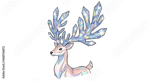 Enchanting iridescent deer illustration with shimmering crystal antlers, a majestic and ethereal fantasy creature embodying winter wonder and magical elegance