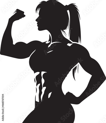 Silhouette of a muscular woman flexing biceps showing abs