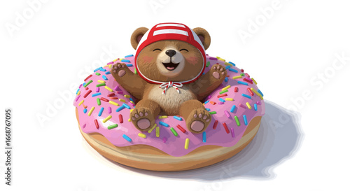 Adorable Bear Cub Floating in a Sprinkled Donut