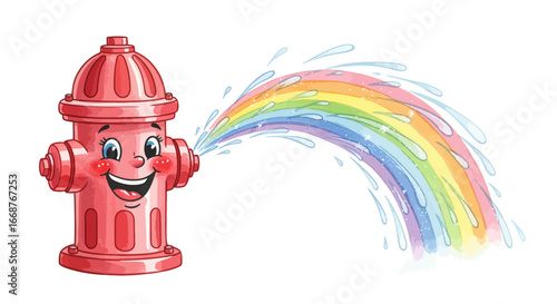 Joyful Cartoon Fire Hydrant with Rainbow Stream