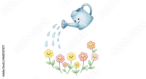 Charming watering can showering cheerful flowers with water in a whimsical garden scene illustration