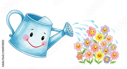 A happy watering can happily waters a group of smiling flowers in a cartoon illustration