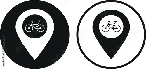 Bicycle location icon set in two styles . Map pointer with bicycle icon . Vector illustration