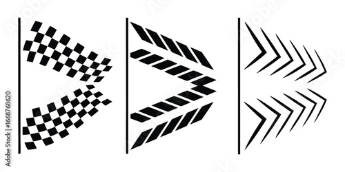 Racing. Motorsport. Abstract. A modern black and white vector set of three dynamic racing flag graphics for a car decal, a t-shirt print, a team logo, or a sports brand design element.