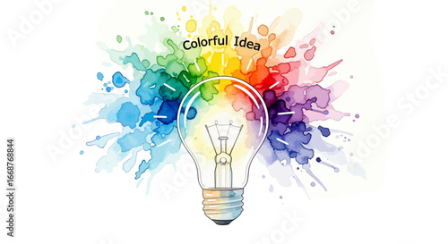 Bright Idea Bulb with Colorful Watercolor Splashes Representing Creativity and Innovation