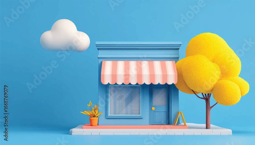 3D Render of Small Business Shopfront with Striped Awning Cloud and Tree Promoting Local Commerce and Entrepreneurship