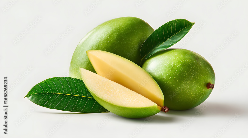 custom made wallpaper toronto digitalA still life of ripe green guavas, one cut in half revealing its pale yellow flesh and seeds, surrounded by vibrant green leaves.
