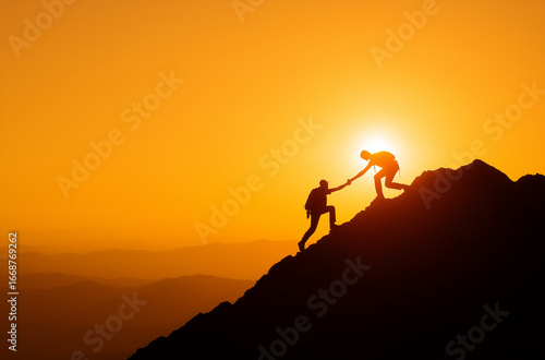 A silhouette of one boy helping girl reach the top, reaching out their hand to help someone else up from a mountain peak, with sunlight shining through in the background. The scene conveys unity and d