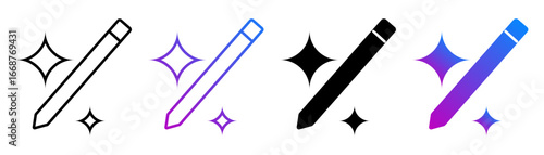 Sparkling pencil icon collection, vector set for magic writing, creative art, and ai generation tools.