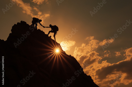 A silhouette of one boy helping girl reach the top, reaching out their hand to help someone else up from a mountain peak, with sunlight shining through in the background. The scene conveys unity and d