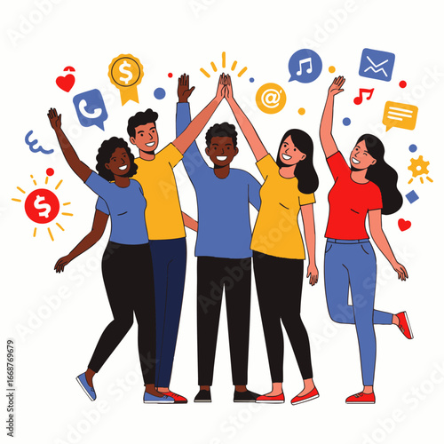 Diverse young professionals celebrate collaborative success in the digital age, surrounded by vibrant social media and business achievement icons.