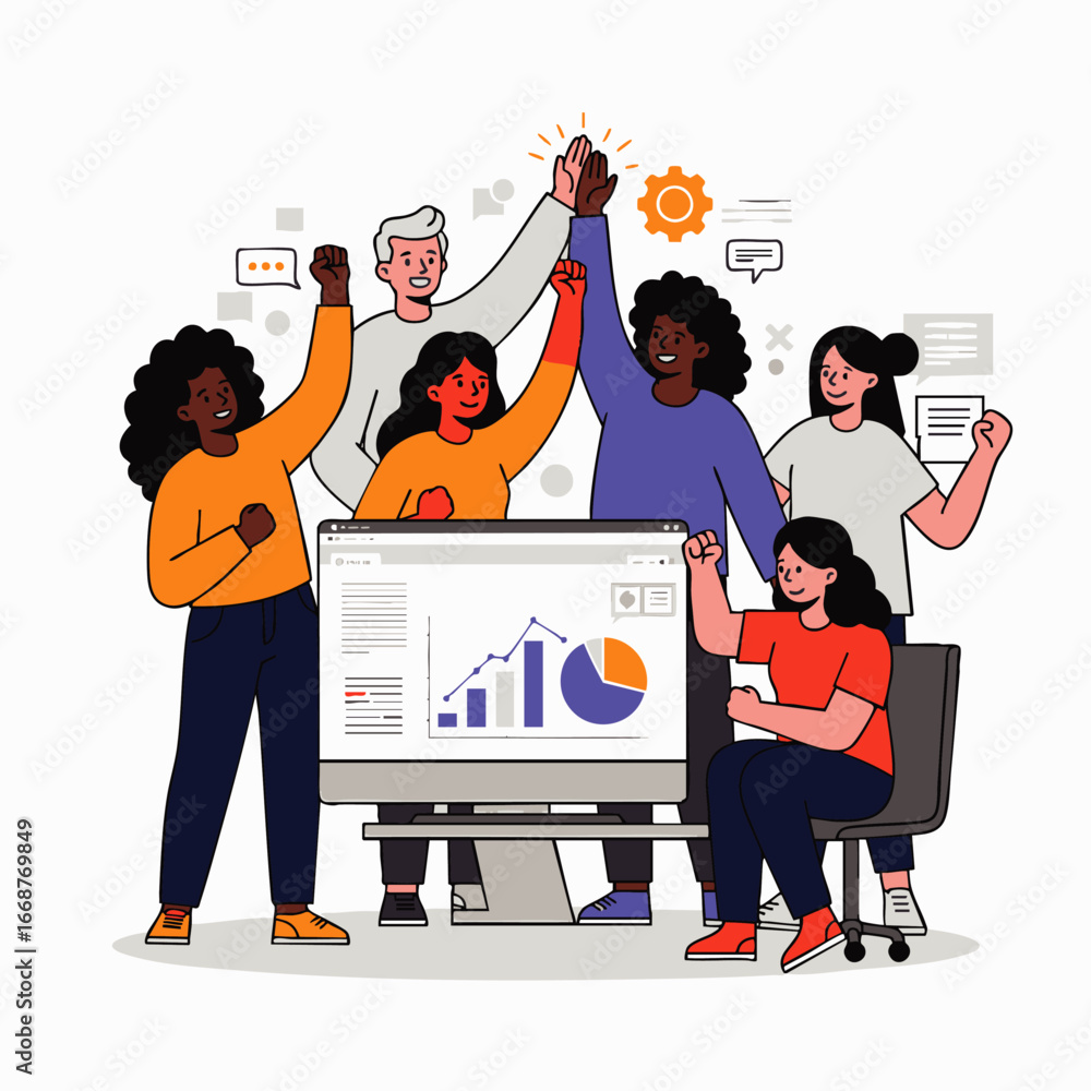 Obraz premium A diverse team of professionals celebrates a significant business achievement, showcasing successful collaboration, data-driven growth, and shared triumph.