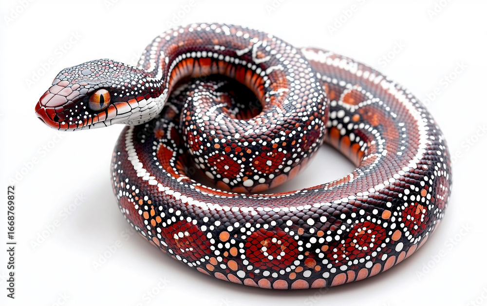 Naklejka premium A Snake Coiled with Aboriginal Dot Art Patterns Isolated On White Background.