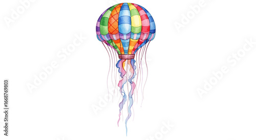 Colorful Watercolor Hot Air Balloon Design Artistic Illustration, Isolated on White Background