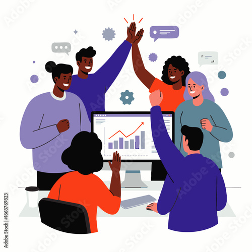 This vibrant illustration captures a diverse and enthusiastic business team celebrating significant project success and achieving impressive growth metrics through effective collaboration.