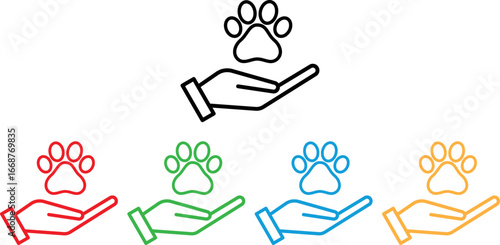 Colorful dog paw on hand icon set in five colors . Animal paw on hand icon . Animals care icon . Vector illustration