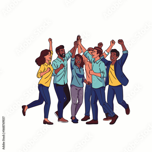 A joyful and diverse group of young professionals celebrates their shared success and strong teamwork with high fives and enthusiastic gestures.