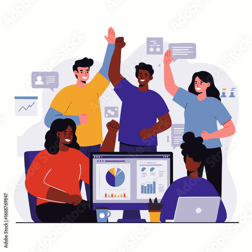 A diverse and enthusiastic team celebrates a successful project outcome, analyzing data and collaborating effectively to achieve their shared business goals.