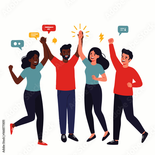 A diverse group of enthusiastic young people celebrates shared success, strong teamwork, and effective communication with high-fives and joyful gestures.