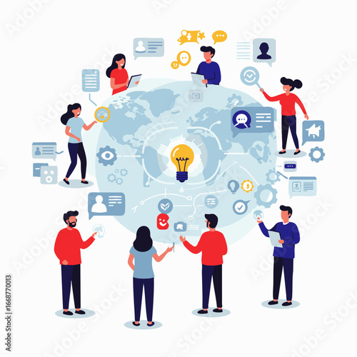 Diverse professionals worldwide engage in digital collaboration, sharing innovative ideas and connecting through a global network of technology and communication.