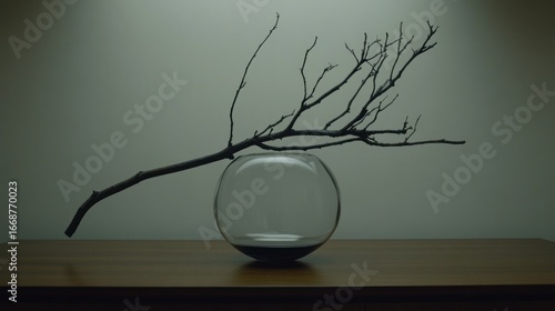 Minimalist still life with dry branch in glass vase creating stark aesthetic design